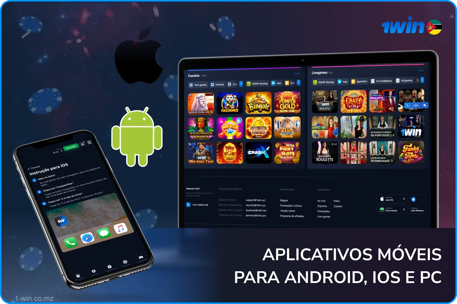 Os usuários do 1win em Moçambique podem apostar em esportes e jogar jogos de cassino não apenas no site, mas também no aplicativo móvel para dispositivos Android e iOS, bem como para PCs