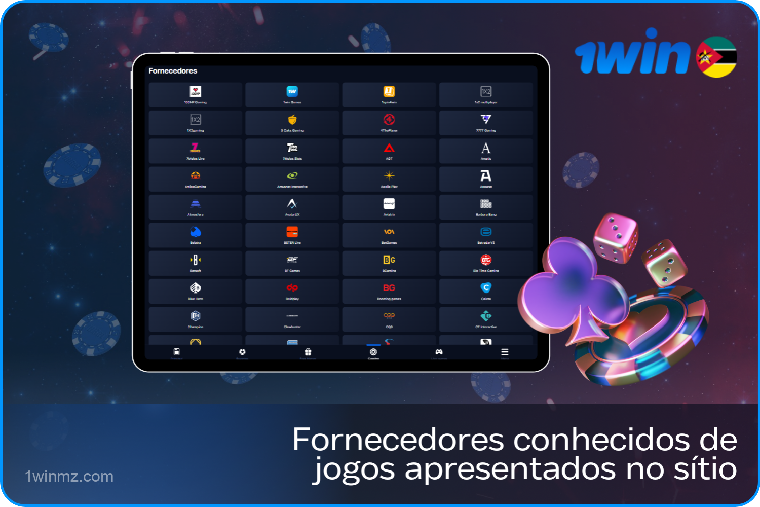 O 1win oferece jogos online de mais de 75 fornecedores licenciados para jogadores de Moçambique, incluindo Pragmatic Play, Evolution, Playtech e outros