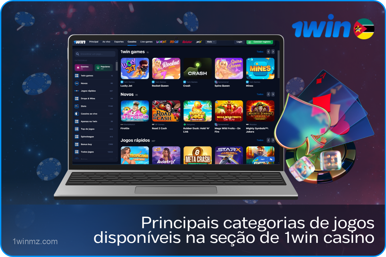 O 1win Casino oferece mais de 13.000 slots online, póquer, roleta e jogos de bingo para jogadores de Moçambique, que são categorizados para uma pesquisa rápida