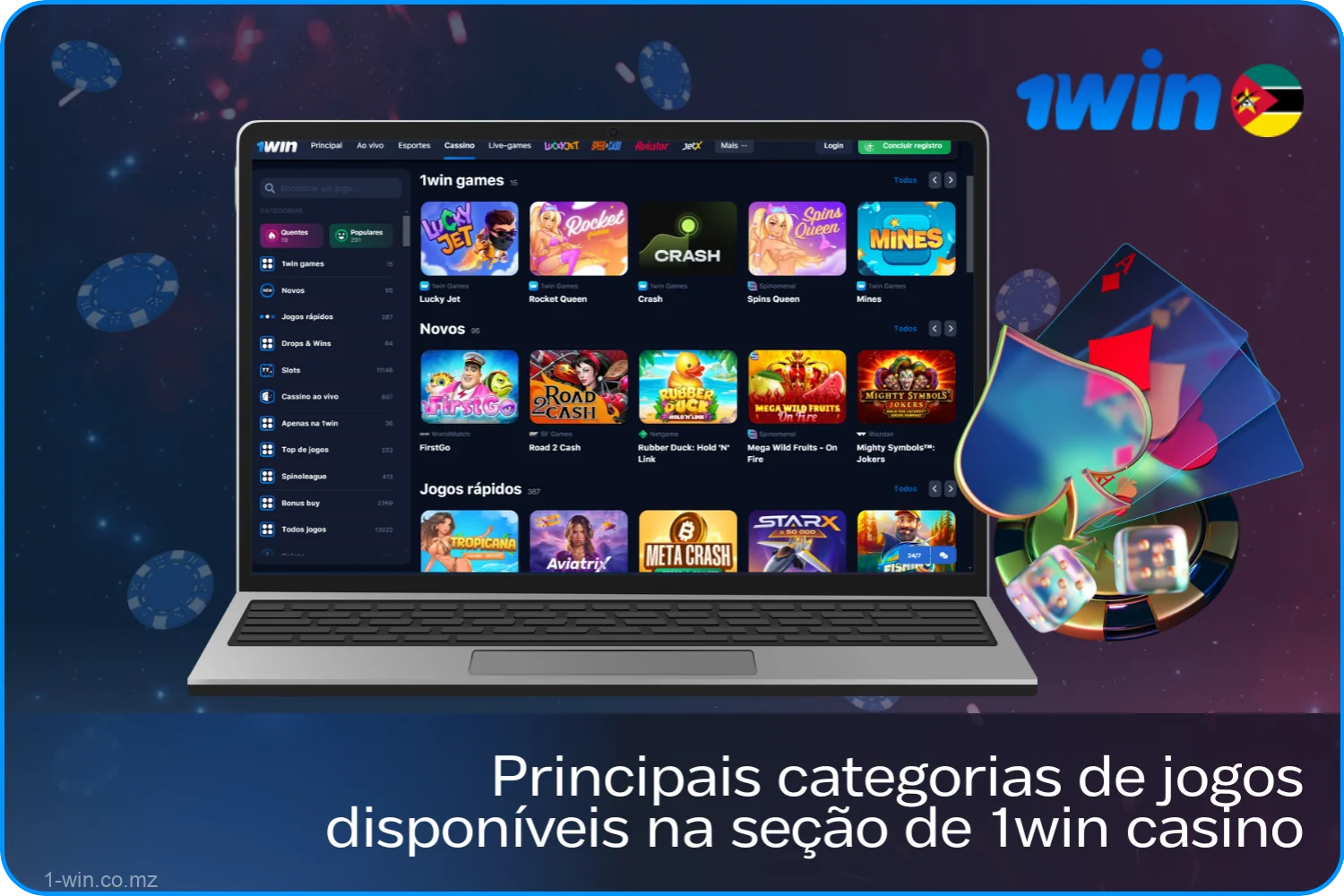O 1win Casino oferece mais de 13.000 slots online, póquer, roleta e jogos de bingo para jogadores de Moçambique, que são categorizados para uma pesquisa rápida