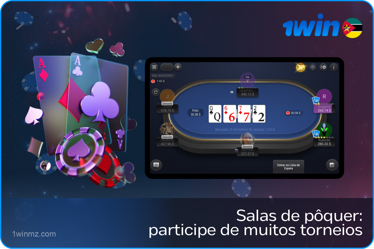 Os utilizadores de Moçambique podem participar em torneios de póquer no 1win com uma variedade de entradas, 50 por cento de rakeback e a possibilidade de jogar na aplicação em qualquer dispositivo