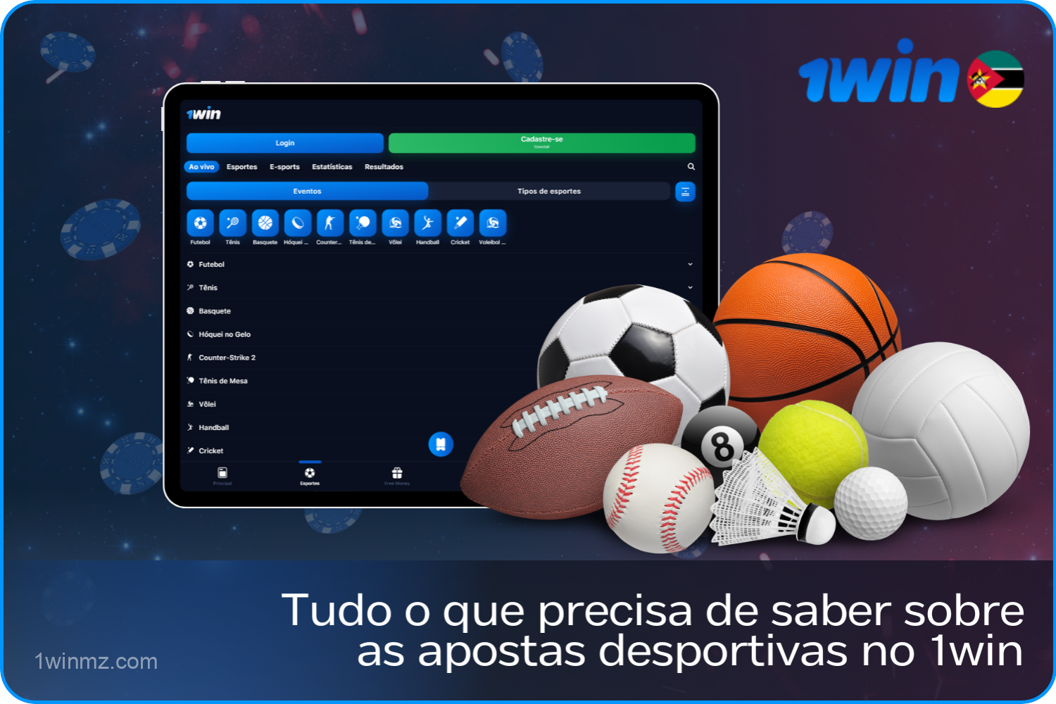 Informações sobre apostas desportivas na 1win, incluindo apostas desportivas, eSports, desportos virtuais, fantasy sports e bónus adicionais para utilizadores de Moçambique