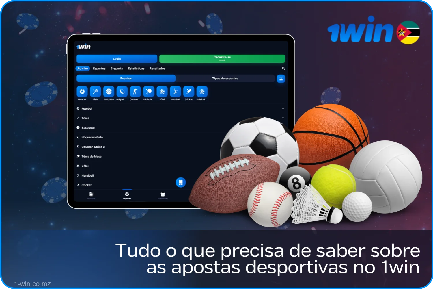 Informações sobre apostas desportivas na 1win, incluindo apostas desportivas, eSports, desportos virtuais, fantasy sports e bónus adicionais para utilizadores de Moçambique