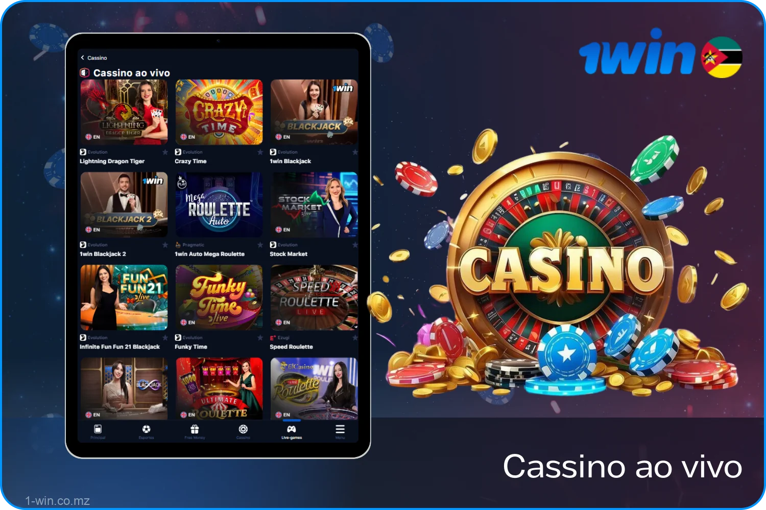 Casino ao vivo 1win com bacará, roleta, blackjack e espectáculos de jogos com dealers profissionais em estúdios iluminados para jogadores de Moçambique