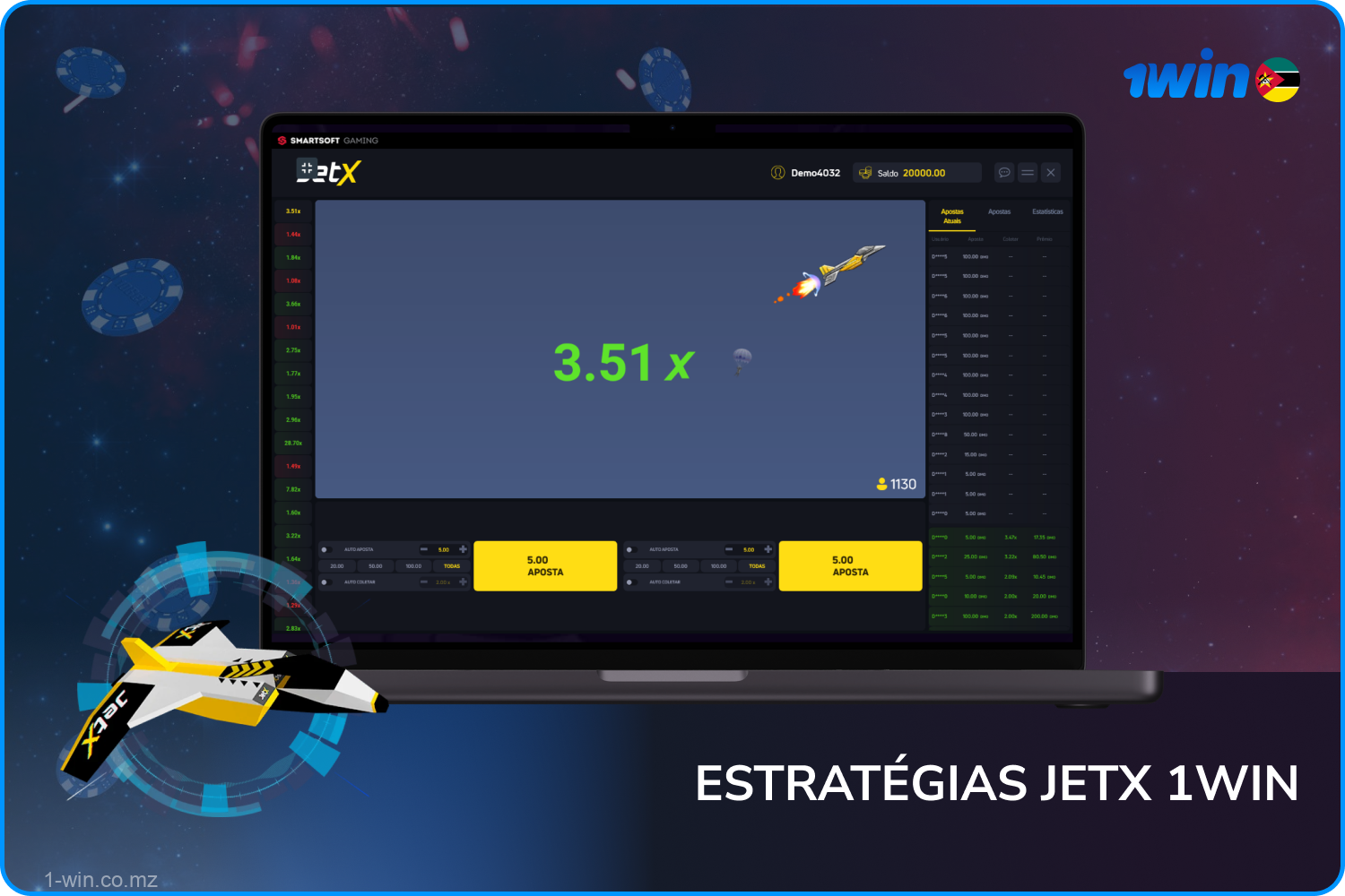 No 1win JetX, os jogadores podem experimentar estratégias como Martingale, Anti-Martingale e caça às probabilidades baixas para aumentar as suas hipóteses de ganhar