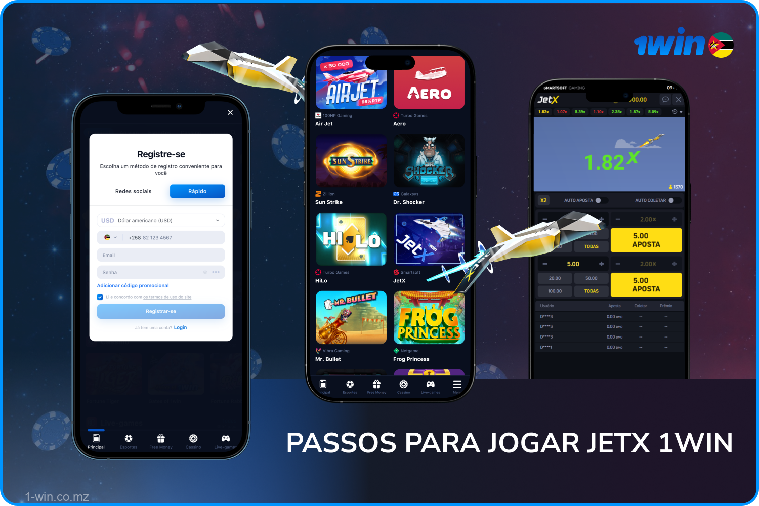 Para jogar no JetX 1win em Moçambique, registe-se, faça um depósito e coloque uma aposta para ver as probabilidades subirem e recolher os seus ganhos antes de o avião partir