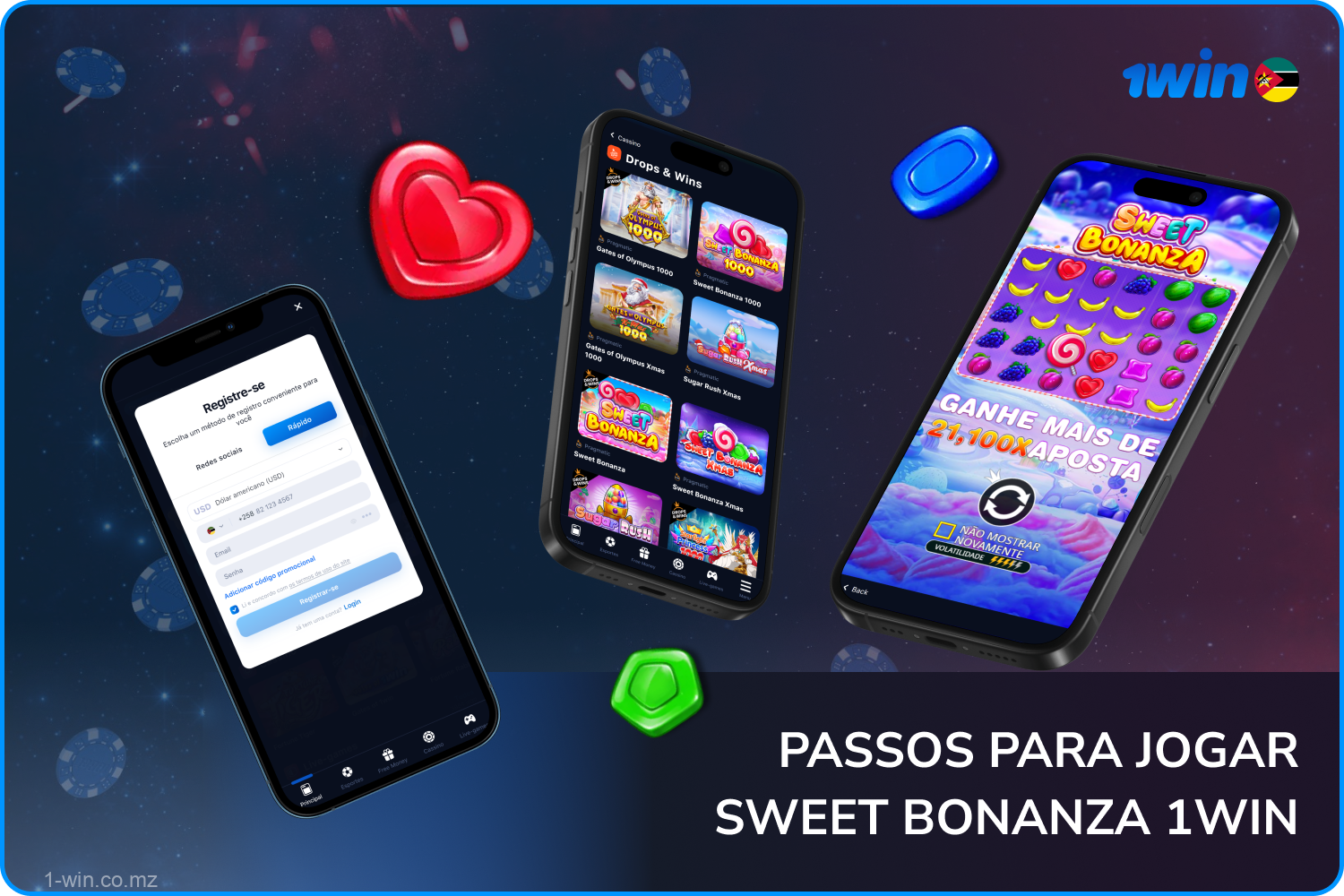 Para começar a jogar Sweet Bonanza, crie uma conta no 1win Moçambique, carregue o seu saldo, inicie o jogo, faça a sua aposta, gire os rolos e tenha a oportunidade de ganhar