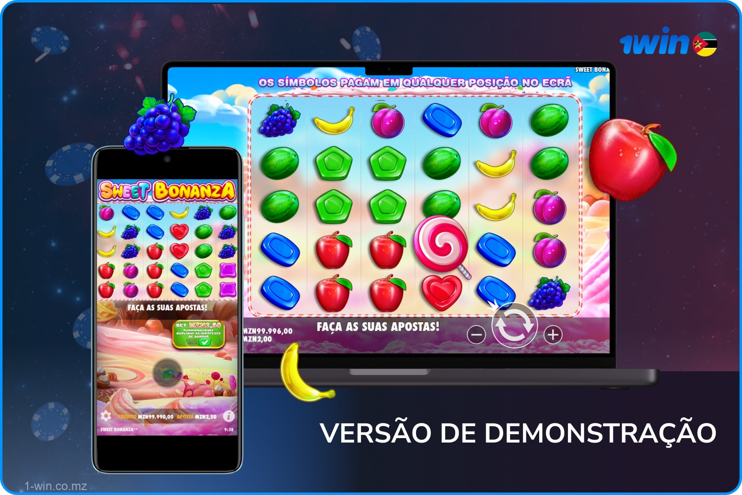 Jogue a versão demo do Sweet Bonanza gratuitamente no 1win Mozambique Casino para praticar e aprender o jogo sem risco, usando apostas virtuais